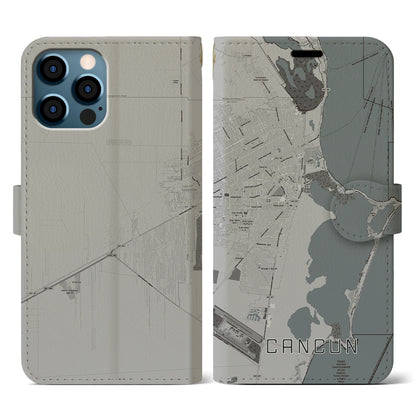 【カンクン（メキシコ）】地図柄iPhoneケース（手帳タイプ）モノトーン・iPhone 12 / 12 Pro 用