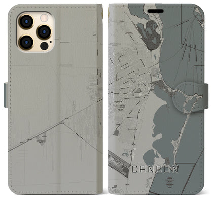 【カンクン（メキシコ）】地図柄iPhoneケース（手帳タイプ）モノトーン・iPhone 12 Pro Max 用