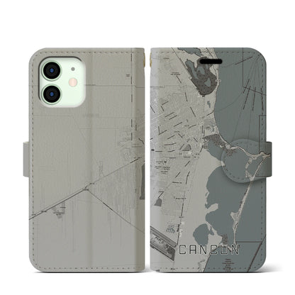【カンクン（メキシコ）】地図柄iPhoneケース（手帳タイプ）モノトーン・iPhone 12 mini 用