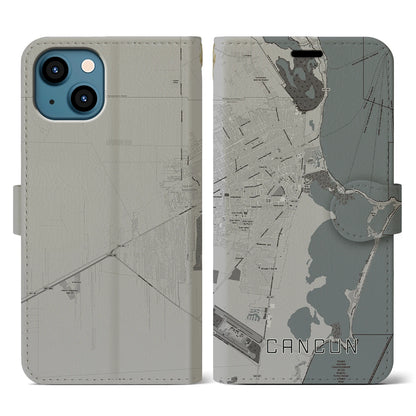 【カンクン（メキシコ）】地図柄iPhoneケース（手帳タイプ）モノトーン・iPhone 13 用