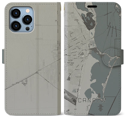 【カンクン（メキシコ）】地図柄iPhoneケース（手帳タイプ）モノトーン・iPhone 13 Pro Max 用