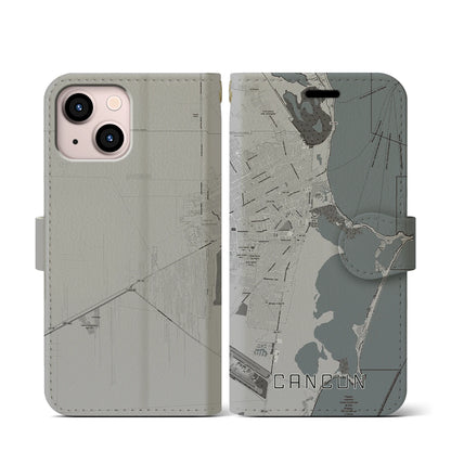 【カンクン（メキシコ）】地図柄iPhoneケース（手帳タイプ）モノトーン・iPhone 13 mini 用