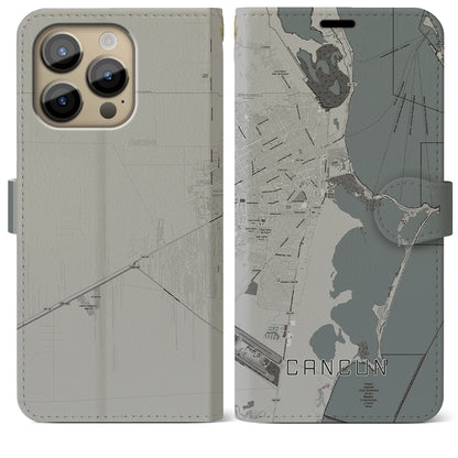 【カンクン（メキシコ）】地図柄iPhoneケース（手帳タイプ）モノトーン・iPhone 14 Pro Max 用