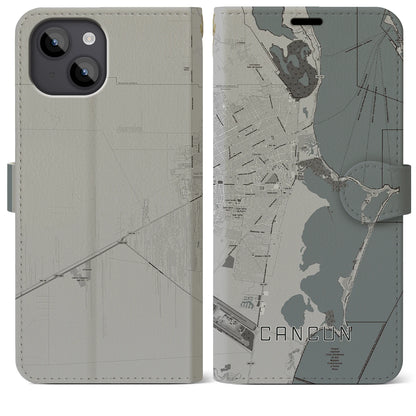 【カンクン（メキシコ）】地図柄iPhoneケース（手帳タイプ）モノトーン・iPhone 14 Plus 用