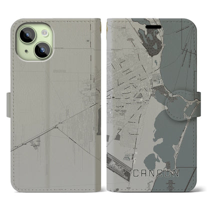 【カンクン（メキシコ）】地図柄iPhoneケース（手帳タイプ）モノトーン・iPhone 15 用