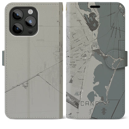 【カンクン（メキシコ）】地図柄iPhoneケース（手帳タイプ）モノトーン・iPhone 15 Pro Max 用