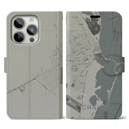 【カンクン（メキシコ）】地図柄iPhoneケース（手帳タイプ）モノトーン・iPhone 15 Pro 用
