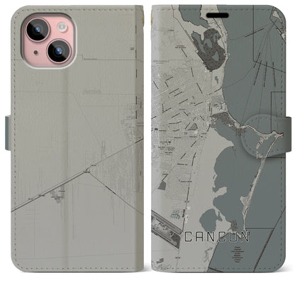 【カンクン（メキシコ）】地図柄iPhoneケース（手帳タイプ）モノトーン・iPhone 15 Plus 用