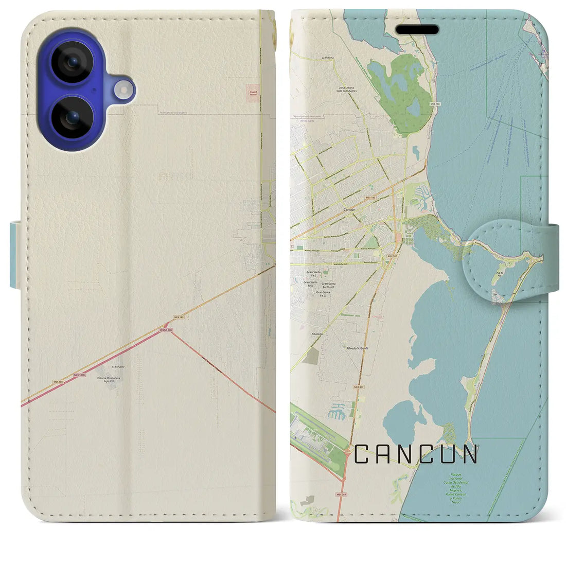 【カンクン(メキシコ)】地図柄iPhoneケース(手帳タイプ)ナチュラル・iPhone 16 Pro Max 用