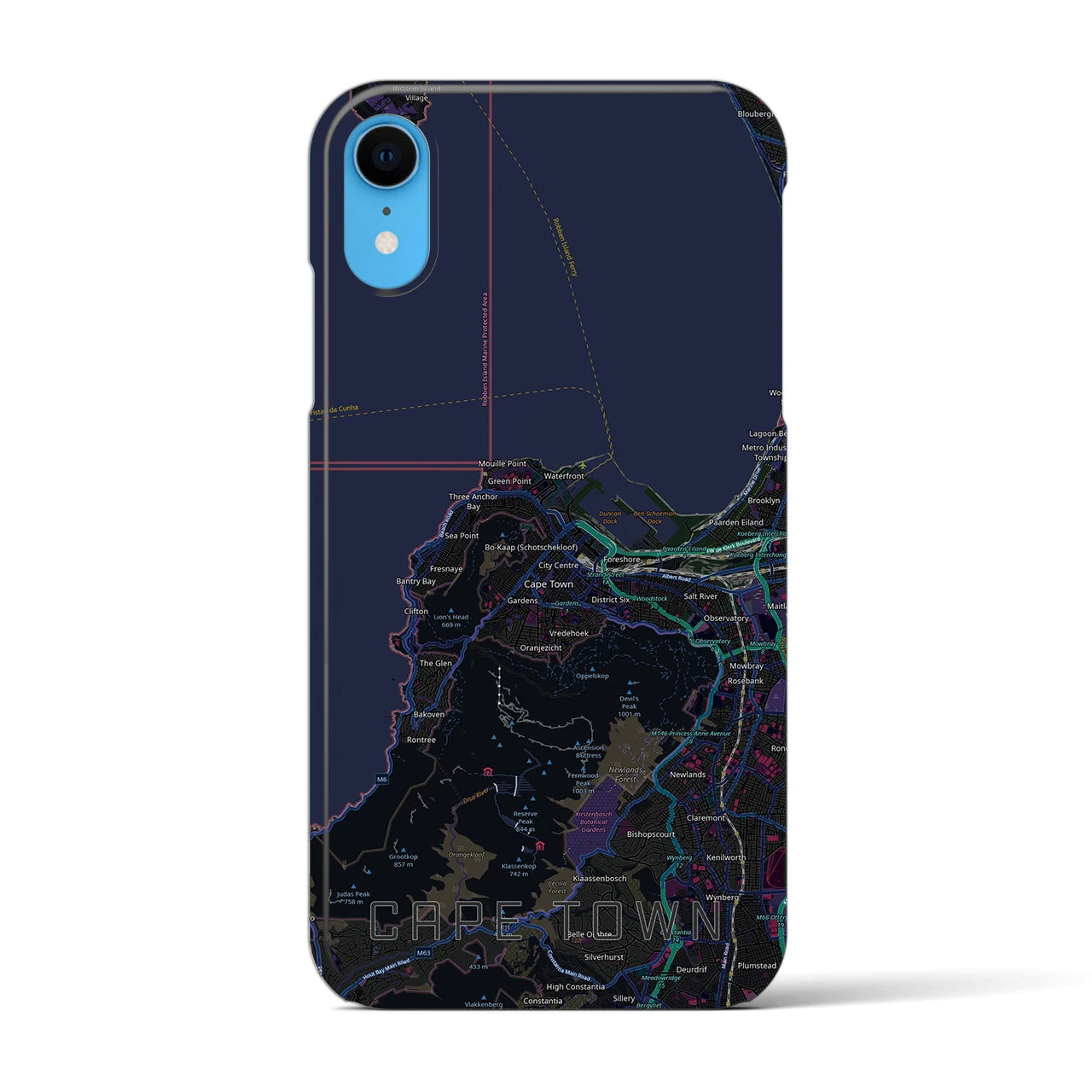 【ケープタウン（南アフリカ）】地図柄iPhoneケース（バックカバータイプ）ブラック・iPhone XR 用