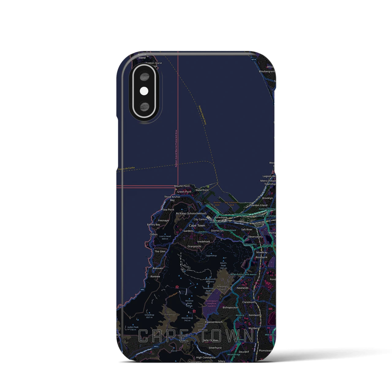 【ケープタウン（南アフリカ）】地図柄iPhoneケース（バックカバータイプ）ブラック・iPhone XS / X 用