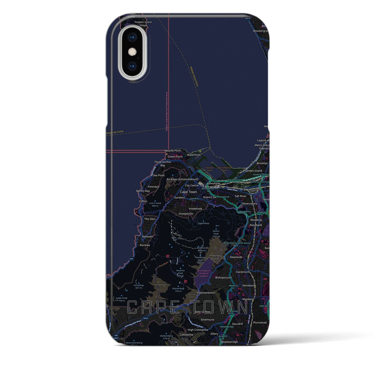 【ケープタウン（南アフリカ）】地図柄iPhoneケース（バックカバータイプ）ブラック・iPhone XS Max 用