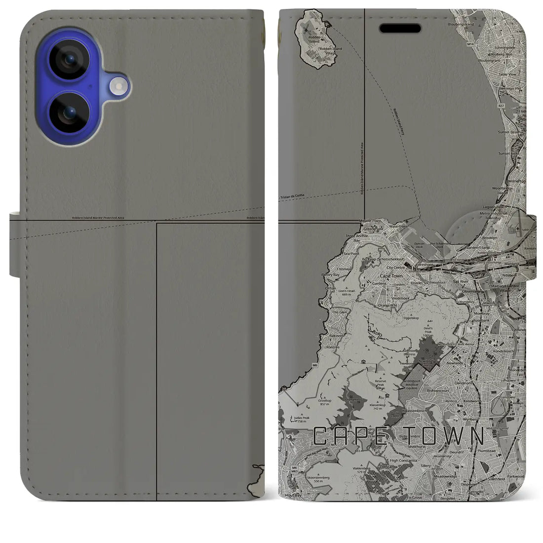 【ケープタウン(南アフリカ)】地図柄iPhoneケース(手帳タイプ)モノトーン・iPhone 16 Pro Max 用