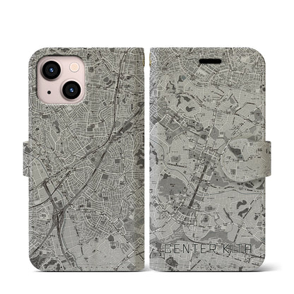 【センター北（神奈川県）】地図柄iPhoneケース（手帳タイプ）モノトーン・iPhone 13 mini 用