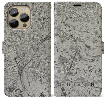 【センター北（神奈川県）】地図柄iPhoneケース（手帳タイプ）モノトーン・iPhone 14 Pro Max 用