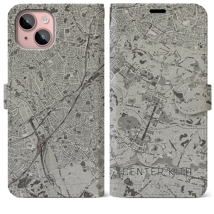 【センター北（神奈川県）】地図柄iPhoneケース（手帳タイプ）モノトーン・iPhone 15 Plus 用