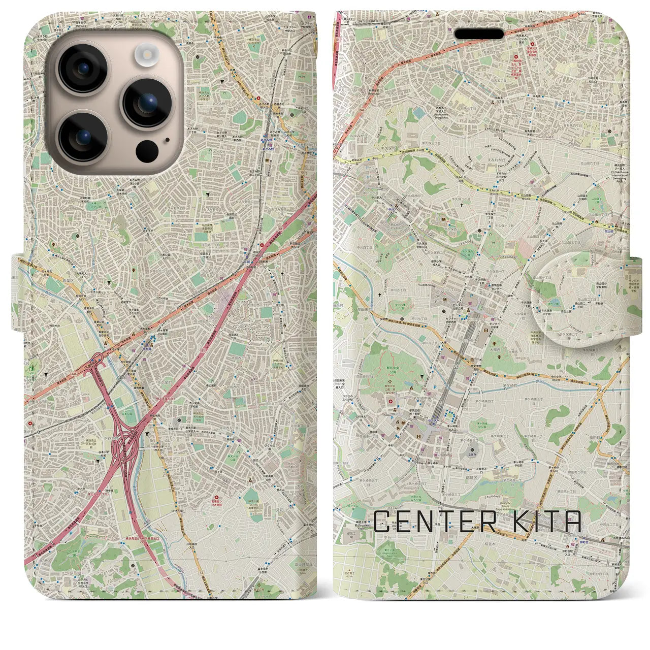 【センター北（神奈川県）】地図柄iPhoneケース（手帳タイプ）ナチュラル・iPhone 16 Plus 用