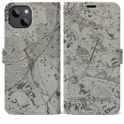 【センター南（神奈川県）】地図柄iPhoneケース（手帳タイプ）モノトーン・iPhone 14 Plus 用
