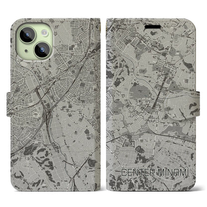 【センター南（神奈川県）】地図柄iPhoneケース（手帳タイプ）モノトーン・iPhone 15 用