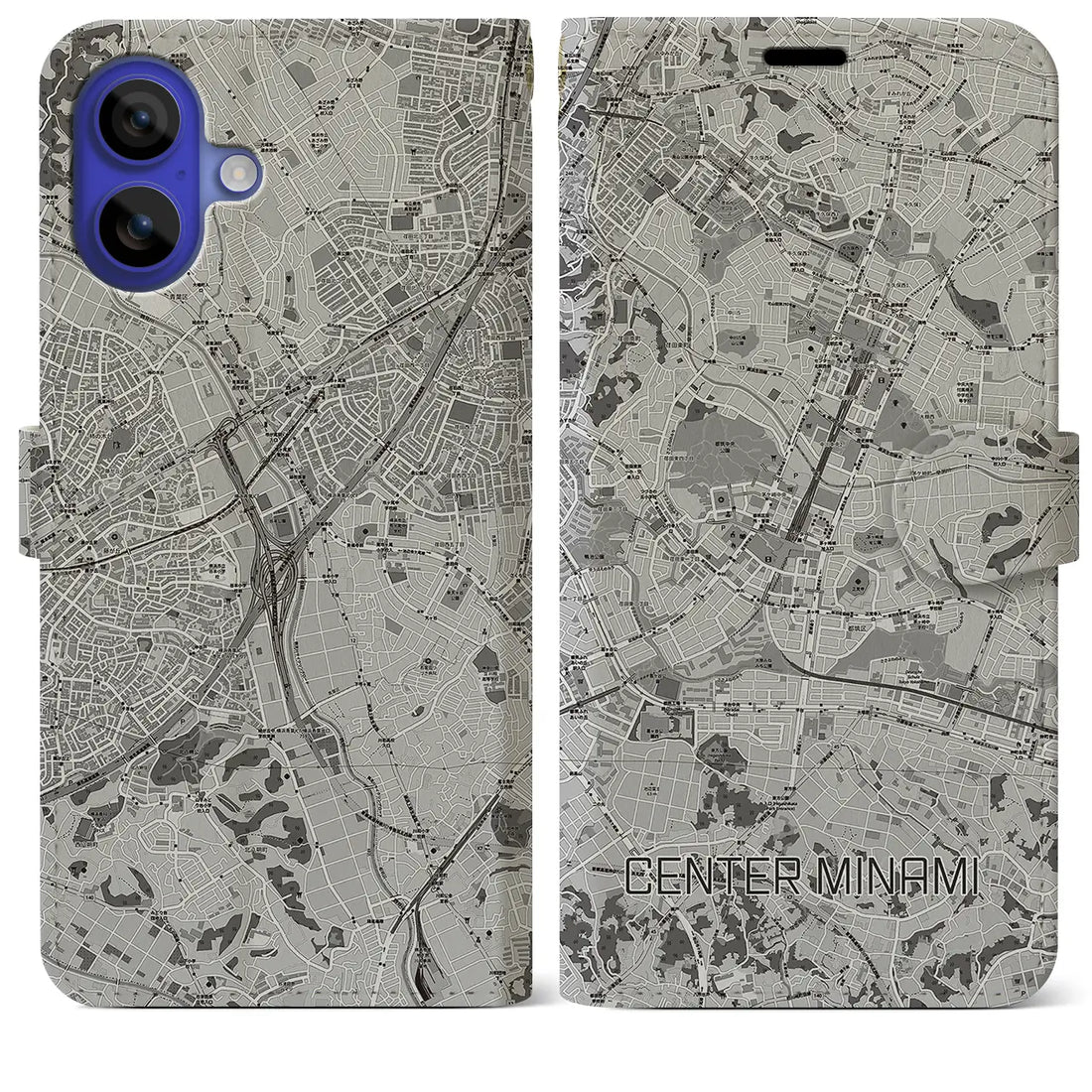 【センター南(神奈川県)】地図柄iPhoneケース(手帳タイプ)モノトーン・iPhone 16 Pro Max 用
