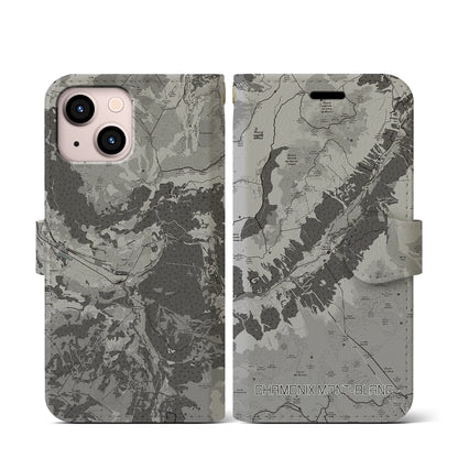 【シャモニー（フランス）】地図柄iPhoneケース（手帳タイプ）モノトーン・iPhone 13 mini 用