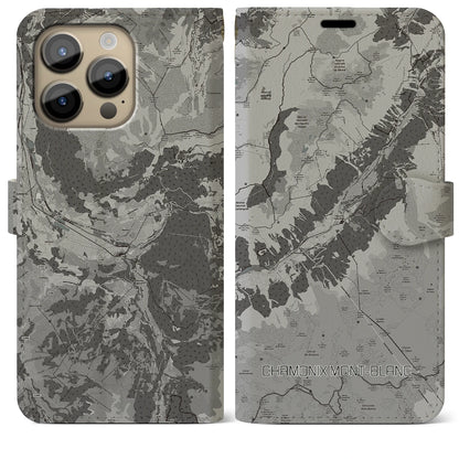 【シャモニー（フランス）】地図柄iPhoneケース（手帳タイプ）モノトーン・iPhone 14 Pro Max 用