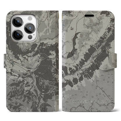 【シャモニー（フランス）】地図柄iPhoneケース（手帳タイプ）モノトーン・iPhone 14 Pro 用