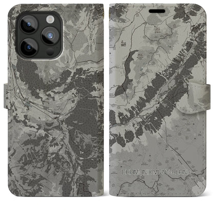【シャモニー（フランス）】地図柄iPhoneケース（手帳タイプ）モノトーン・iPhone 15 Pro Max 用