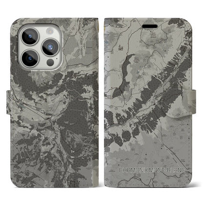 【シャモニー（フランス）】地図柄iPhoneケース（手帳タイプ）モノトーン・iPhone 15 Pro 用