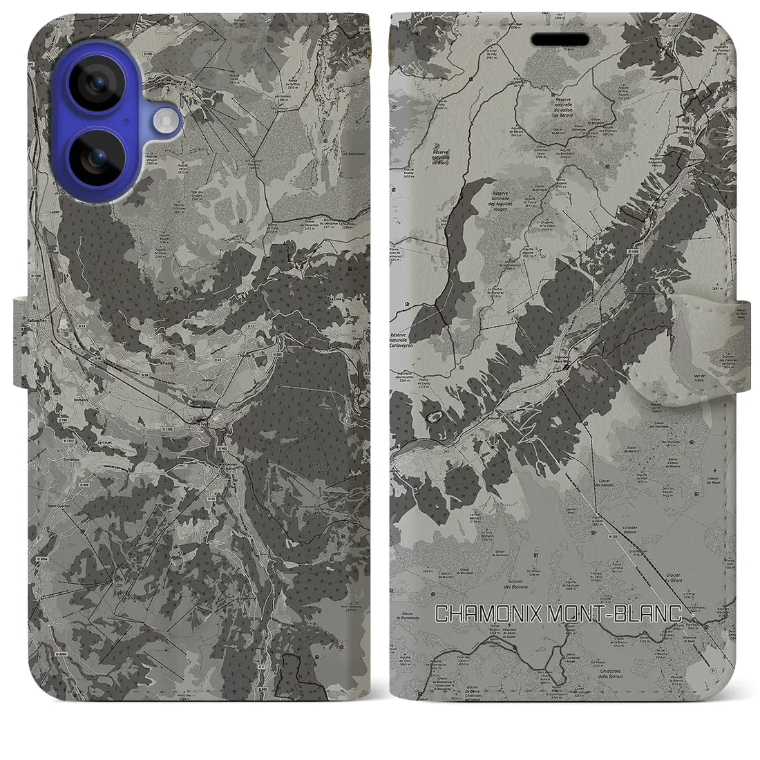 【シャモニー(フランス)】地図柄iPhoneケース(手帳タイプ)モノトーン・iPhone 16 Pro Max 用