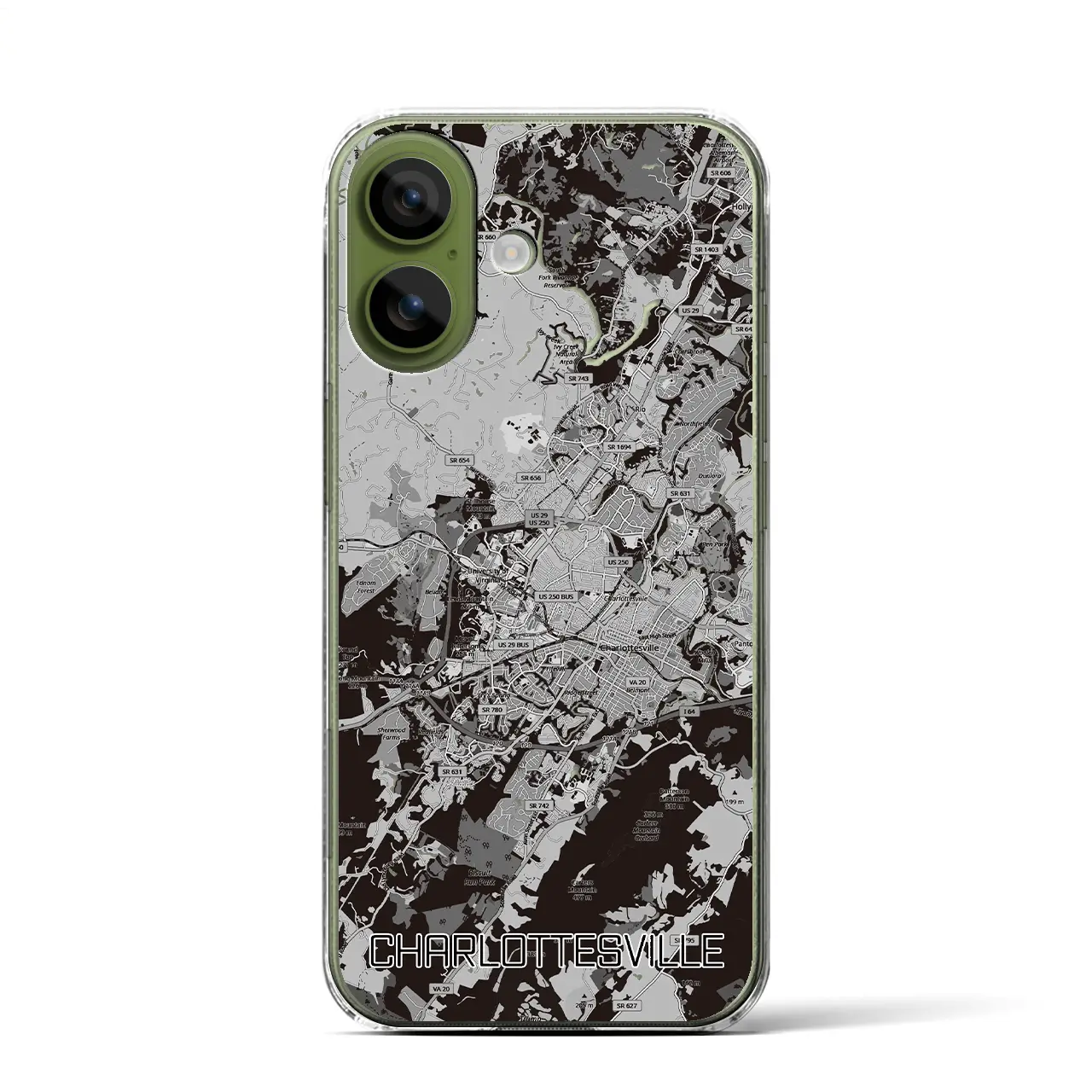 【シャーロッツビル（アメリカ）】地図柄iPhoneケース（クリアタイプ）モノトーン・iPhone 17 Pro Max 用