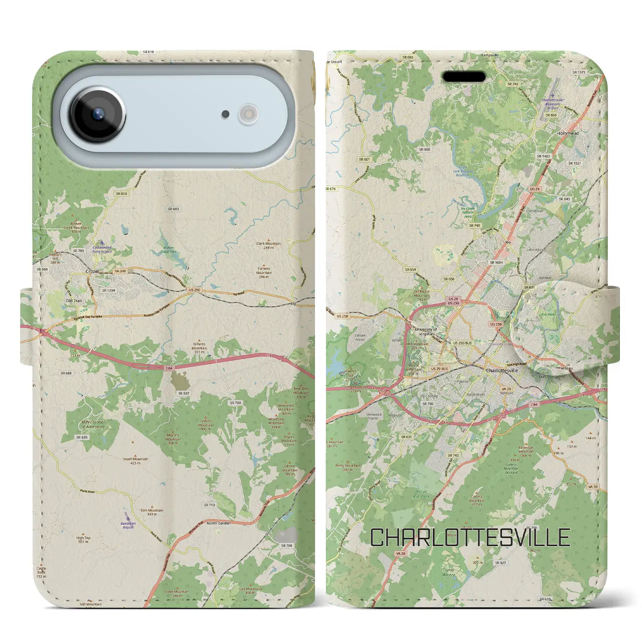 【シャーロッツビル（アメリカ）】地図柄iPhoneケース（手帳タイプ）モノトーン・iPhone 17 Pro Max 用