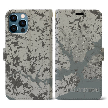 【シャーロットタウン（カナダ）】地図柄iPhoneケース（手帳タイプ）モノトーン・iPhone 12 / 12 Pro 用