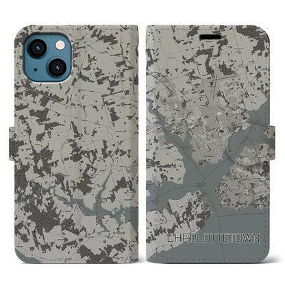 【シャーロットタウン（カナダ）】地図柄iPhoneケース（手帳タイプ）モノトーン・iPhone 13 用