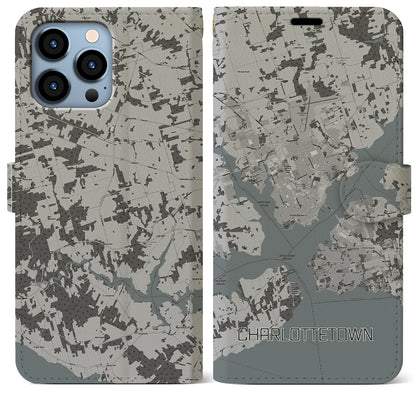 【シャーロットタウン（カナダ）】地図柄iPhoneケース（手帳タイプ）モノトーン・iPhone 13 Pro Max 用