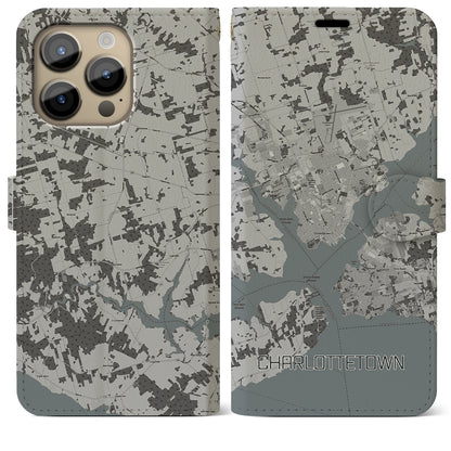 【シャーロットタウン（カナダ）】地図柄iPhoneケース（手帳タイプ）モノトーン・iPhone 14 Pro Max 用