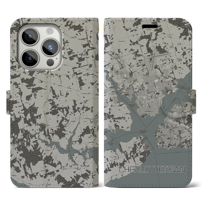 【シャーロットタウン（カナダ）】地図柄iPhoneケース（手帳タイプ）モノトーン・iPhone 15 Pro 用