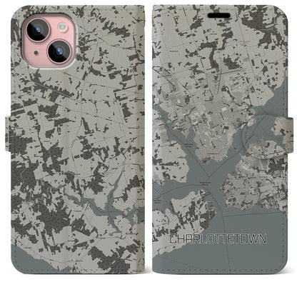 【シャーロットタウン（カナダ）】地図柄iPhoneケース（手帳タイプ）モノトーン・iPhone 15 Plus 用