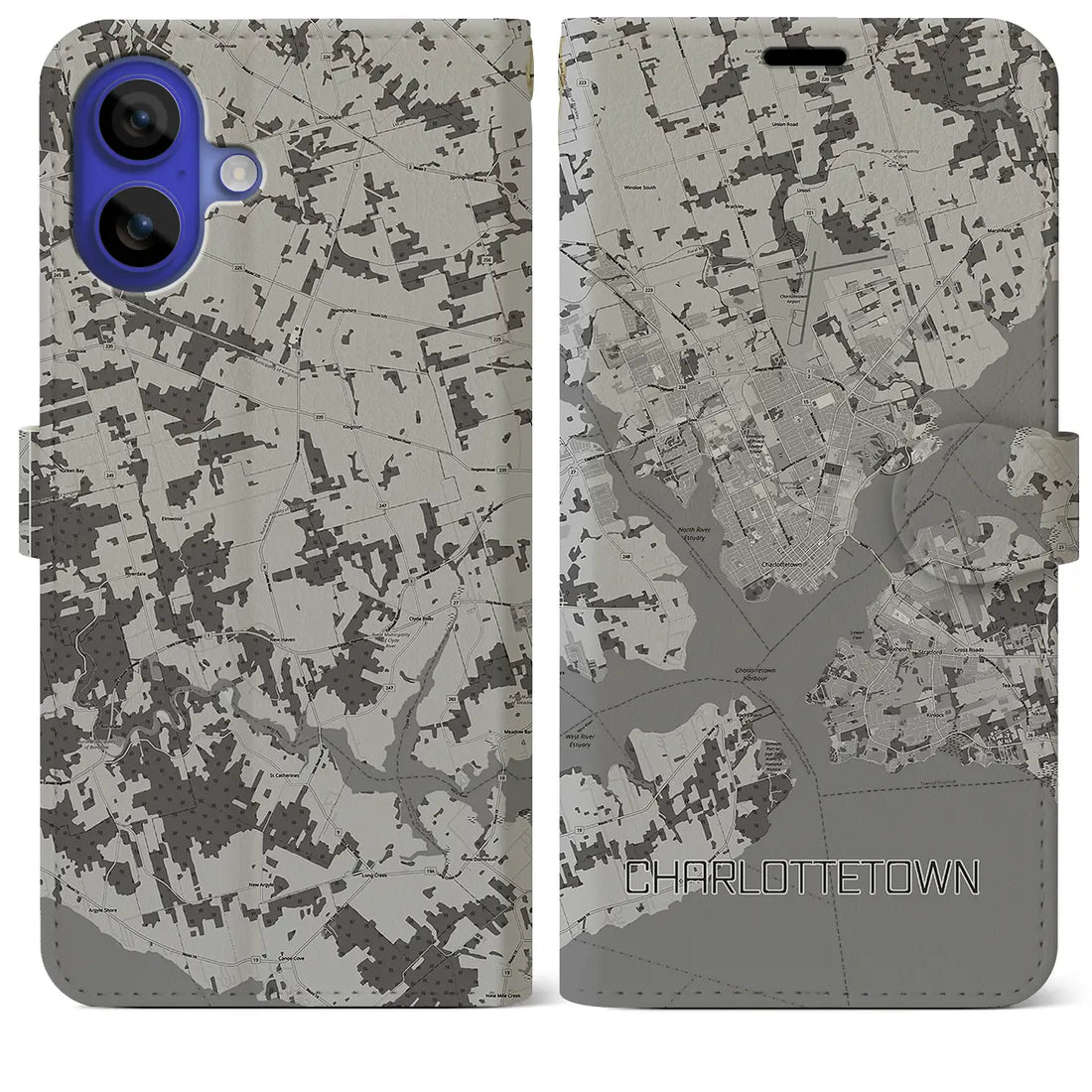 【シャーロットタウン(カナダ)】地図柄iPhoneケース(手帳タイプ)モノトーン・iPhone 16 Pro Max 用