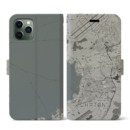 【北谷（沖縄県）】地図柄iPhoneケース（手帳タイプ）モノトーン・iPhone 11 Pro 用