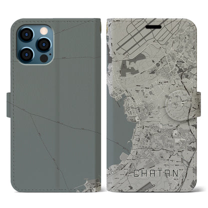 【北谷（沖縄県）】地図柄iPhoneケース（手帳タイプ）モノトーン・iPhone 12 / 12 Pro 用