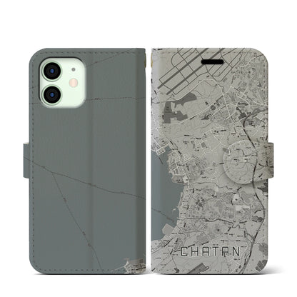 【北谷（沖縄県）】地図柄iPhoneケース（手帳タイプ）モノトーン・iPhone 12 mini 用