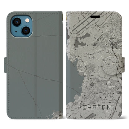 【北谷（沖縄県）】地図柄iPhoneケース（手帳タイプ）モノトーン・iPhone 13 用