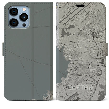 【北谷（沖縄県）】地図柄iPhoneケース（手帳タイプ）モノトーン・iPhone 13 Pro Max 用