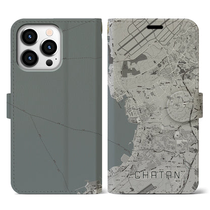 【北谷（沖縄県）】地図柄iPhoneケース（手帳タイプ）モノトーン・iPhone 13 Pro 用