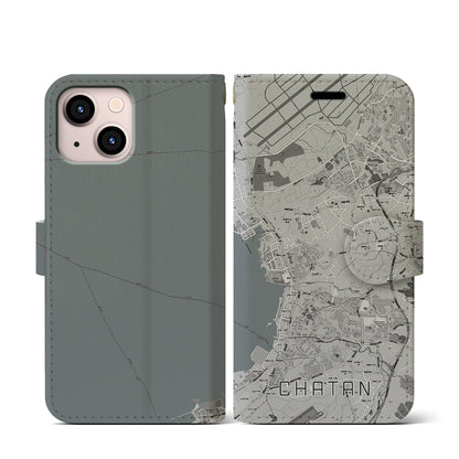 【北谷（沖縄県）】地図柄iPhoneケース（手帳タイプ）モノトーン・iPhone 13 mini 用