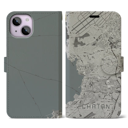 【北谷（沖縄県）】地図柄iPhoneケース（手帳タイプ）モノトーン・iPhone 14 用