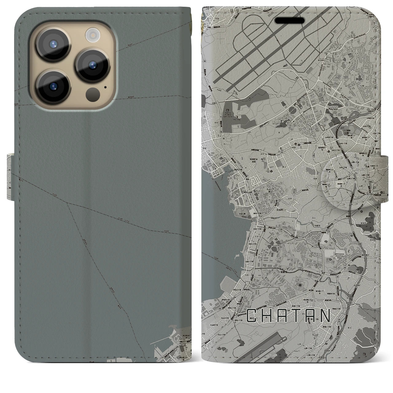 【北谷】地図柄iPhoneケース（手帳両面タイプ・モノトーン）iPhone 14 Pro Max 用