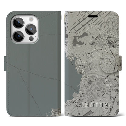 【北谷（沖縄県）】地図柄iPhoneケース（手帳タイプ）モノトーン・iPhone 14 Pro 用