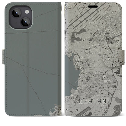 【北谷（沖縄県）】地図柄iPhoneケース（手帳タイプ）モノトーン・iPhone 14 Plus 用